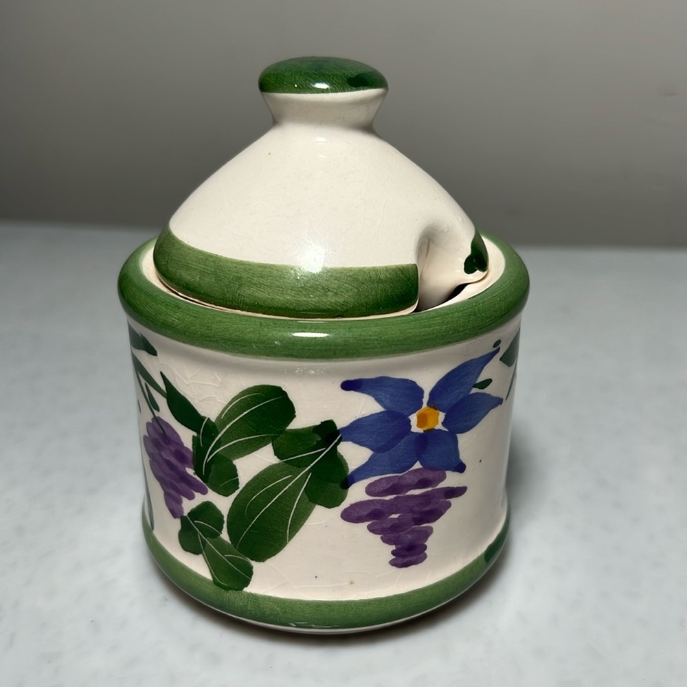 Vintage Hand Painted Lidded Ceramic Condiment Jar with Spoon Hole